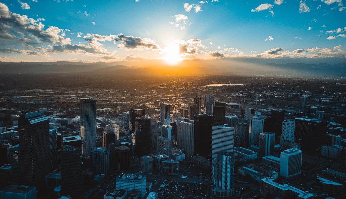 Denver Colorado skyline at sunset